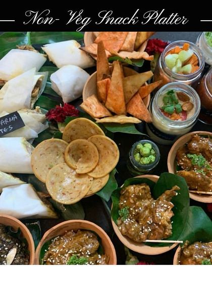 Our Non-Veg Snack Platter is designed to impress. It features a mouthwatering selection including Mutton Galouti, Basil Chicken Tikka, and Sesame Fish Tikka, perfect for any party.
