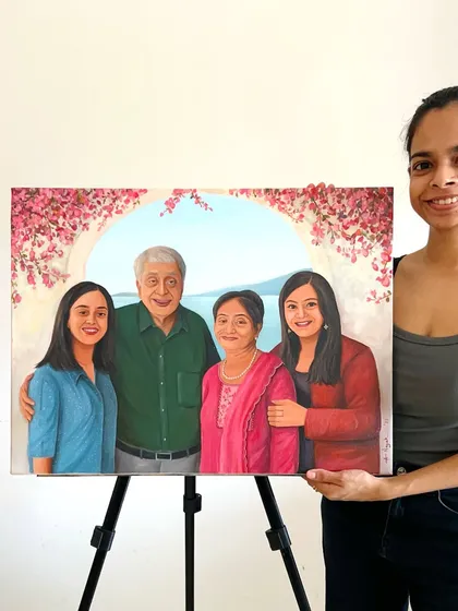 This portrait was a special commission from two daughters living abroad for their parents' 70th birthday. I merged several different photos to bring the whole family together and added a scenic background with their mom's favorite flowers to make it extra personal.