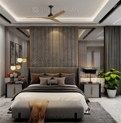 Another view of the DLF bedroom, showing the symmetrical arrangement of art and bedside lighting, creating a balanced and harmonious space.