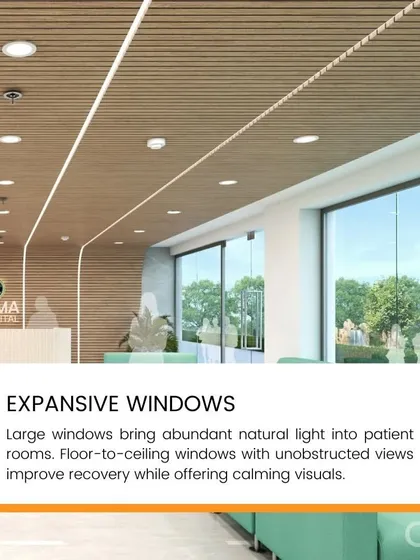 Expansive, floor-to-ceiling windows are a key strategy for bringing abundant natural light into patient rooms. This design offers calming views and improves recovery rates, as shown in this rendering for Rama Hospital.