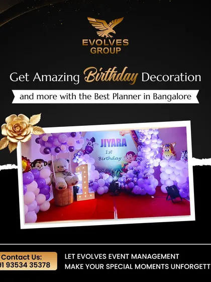 An example of our first birthday decoration for Jiyara, featuring a teddy bear and a purple-themed balloon backdrop. We create amazing decorations to make your special moments unforgettable.