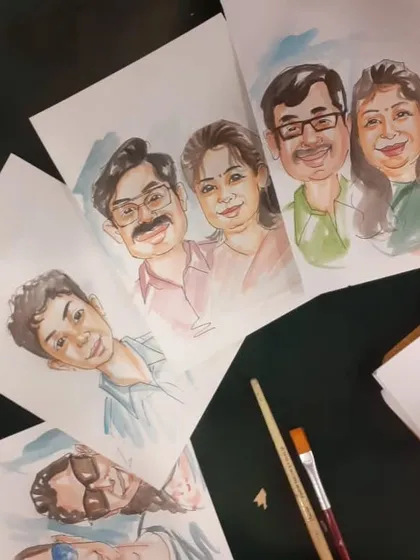 I offer a range of colorful caricature styles using watercolors and markers. This image shows a few examples of my couple and solo portraits, each one made to be a unique piece of art.