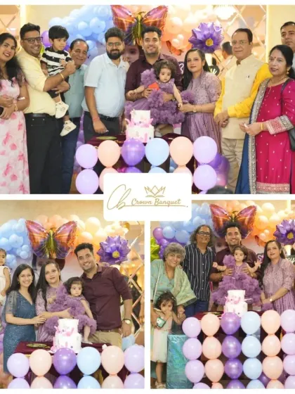 It's all about celebrating with family and friends. These group photos show everyone gathered for a cake-cutting ceremony, with a beautiful butterfly and balloon backdrop creating a festive party atmosphere.