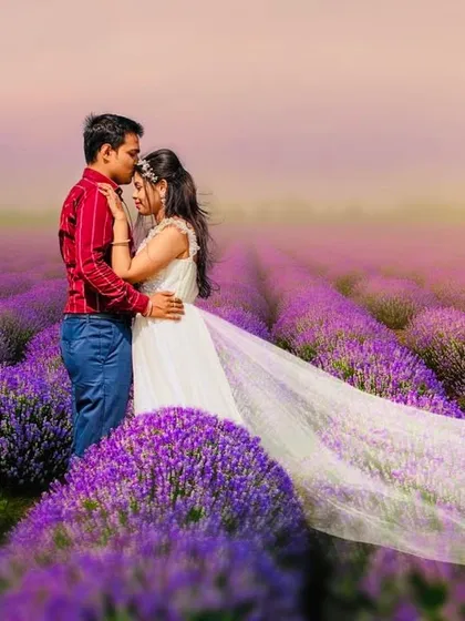 A dreamy pre-wedding photoshoot in a stunning lavender field. I work with couples to find unique locations and create epic, romantic images like this, using vibrant colors and dramatic landscapes to tell their love story before the big day.