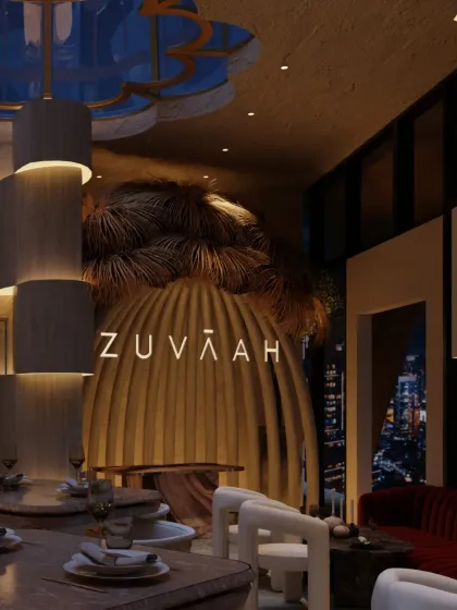 The final rendered vision for the beaded dome entrance at Zuvaah. The structure is topped with a nest-like thatch, enhancing the feeling of entering a natural, organic space.