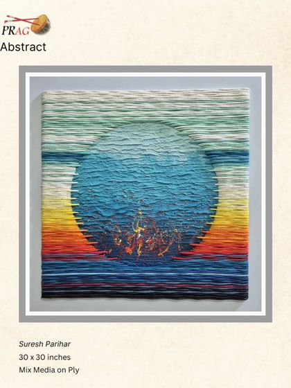 A unique mixed-media abstract by Suresh Parihar, where layered strips of paper create a highly textured and sculptural surface, depicting a celestial body over water.