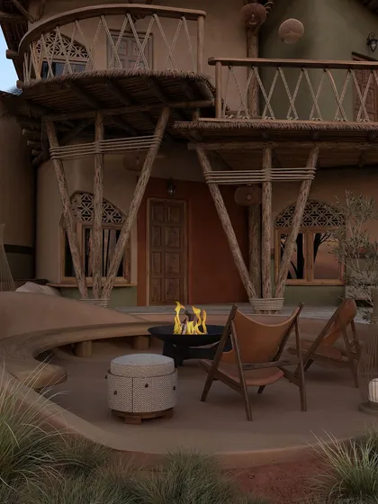 A close-up of the evening ambiance on a private patio. The combination of the fire pit's flickering flames and the soft glow from lanterns creates a perfect setting for intimate conversations and finding your moment of *Sukoon*.