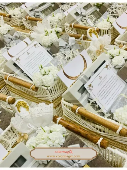 An army of our elegant white woven baskets, ready for a large event. This shows our capability to handle bulk orders while maintaining exceptional quality and aesthetic.