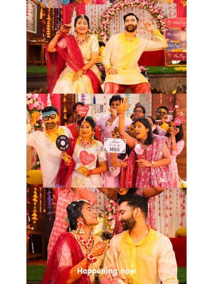 A fun photo collage from a Haldi ceremony, showing the couple and guests enjoying the celebration with playful props and colorful decor.