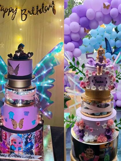 A side-by-side look at two of my stunning viral butterfly wing cakes. Both designs feature multiple tiers, photo elements, and large, glowing wings, showing the versatility of this popular theme.