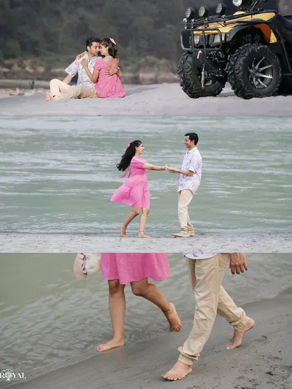 A collage showing a couple enjoying a day at the river, with an ATV adding a touch of adventure to their beach-themed shoot.