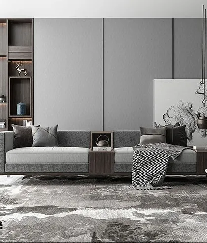 This sleek, dual-tone sofa with an integrated wooden console is the epitome of modern luxury. Its minimalist design offers both style and function, perfect for a contemporary living room.