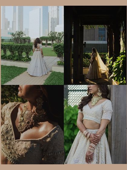 A collage of bridal portraits in a beautiful white lehenga. The images capture her from different angles, showcasing her elegant outfit and the play of light in a garden setting.
