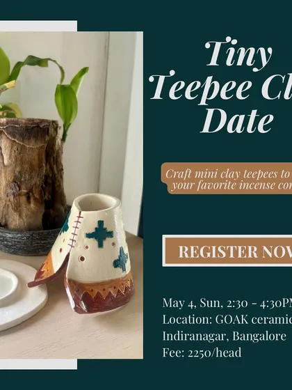 Our 'Tiny Teepee' clay date is a chance to make a whimsical incense cone holder. This poster shows the finished pieces, painted with unique patterns and ready to add a touch of charm to any room.