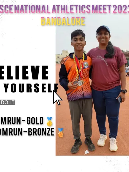 A graphic celebrating a gold medal in the 100m run and a bronze in the 200m run at the CISCE National Athletics Meet.
