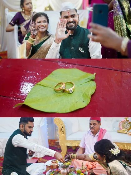 A three-photo story of an engagement, including a candid selfie moment, a creative shot of the rings on a leaf, and the couple participating in the ceremony rituals.