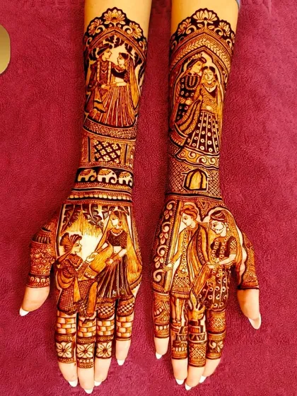 This full-coverage bridal mehndi is packed with storytelling. It features multiple scenes of a wedding, including the pheras and varmala, creating a visual narrative of the special day.