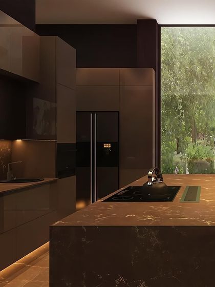 This kitchen is a perfect example of my work. Impeccable design, premium craftsmanship, and smart functionality converge in every detail. From the marble-look countertops to the seamless cooktop, it is designed for you to cook in style and dine in luxury.