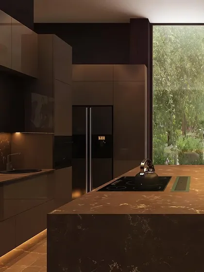 This kitchen is a perfect example of my work. Impeccable design, premium craftsmanship, and smart functionality converge in every detail. From the marble-look countertops to the seamless cooktop, it is designed for you to cook in style and dine in luxury.