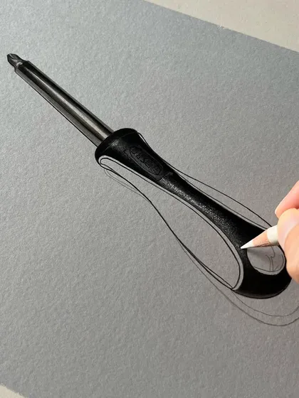 A work-in-progress view of the screwdriver. Here, I'm using a white pencil to add highlights to the black handle, giving it a realistic shine.