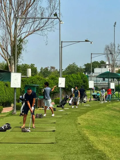 A full range of golfers, each focused on their swing, creating a collective energy of improvement.