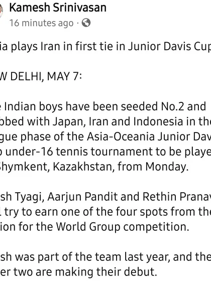 Media coverage announcing the Indian team for the Junior Davis Cup, featuring our player Aarjun Pandit.