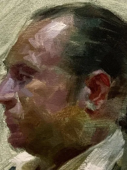 A detail of the oil demonstration portrait, focusing on the structure of the head and the profile.