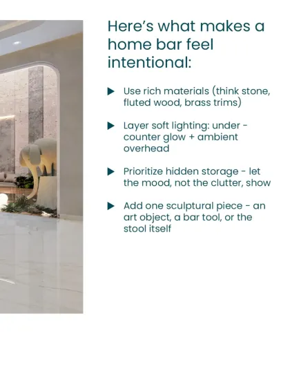 Here are our tips for an intentional home bar: use rich materials like stone and wood, layer soft lighting, prioritize hidden storage, and add a sculptural piece to anchor the space.