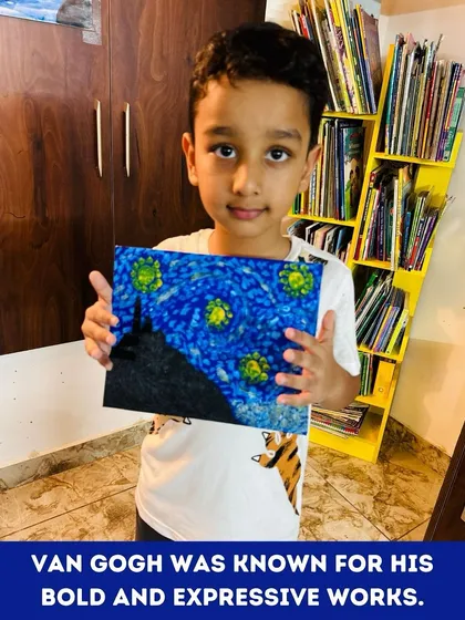 This young boy is holding up his expressive artwork, inspired by Van Gogh's bold style. These workshops are not just about painting; they are about building confidence and an appreciation for art.