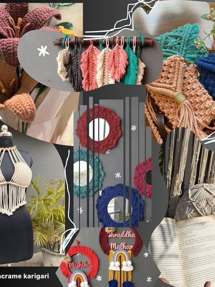 This collage captures the essence of our craft, blending macramé and crochet. You can see a macramé top, crochet mirrors, wall hangings, and more, all representing our passion for fiber art.