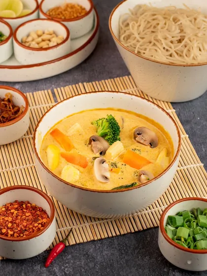 A beautiful bowl of Khao Suey we shot for Ocean Kitchen Mumbai. We styled it with all the traditional condiments to showcase the authentic experience of the dish.