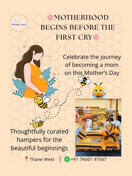 Celebrating the beautiful beginnings of motherhood. This graphic highlights my thoughtfully curated hampers for moms-to-be, featuring a lovely bee-themed gift set perfect for a baby shower.