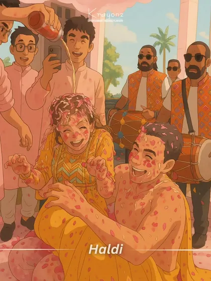 A Ghibli-style illustration capturing the fun and chaos of a Haldi ceremony, with friends and family joyfully participating in the ritual.