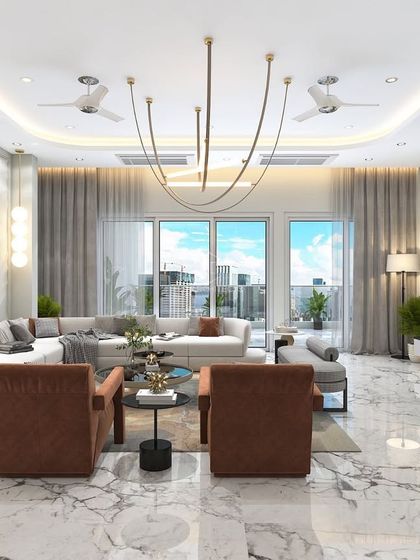 A render showing a living room with a dramatic marble floor and a large window framing the city skyline. The design uses a neutral color scheme with warm wood tones to create a sophisticated urban retreat.