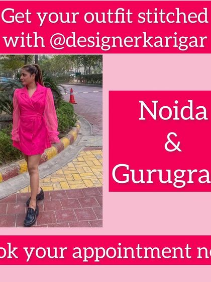 A client looking sharp in a custom-stitched hot pink blazer dress. We offer doorstep stitching for modern western wear in Noida and Gurugram.