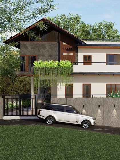 This perspective showcases the home's multi-level design and its connection to the landscape. The cantilevered balcony with hanging gardens is a key feature, providing a touch of biophilic design against the clean white walls.