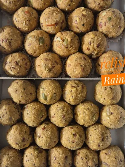 A box of Sattu Makhana Laddoos, sweetened with jaggery. This is a superfood combination, blending protein-rich sattu with makhana, almonds, and a mix of pumpkin, sunflower, flax, and chia seeds.