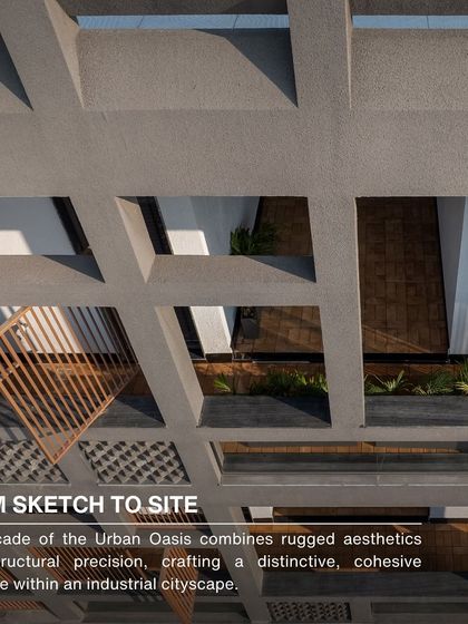 From sketch to site, the facade of Urban Oasis combines a rugged aesthetic with structural precision. This top-down view shows the deep, geometric grid that forms the building's primary visual and structural identity, creating a cohesive narrative within its industrial landscape.