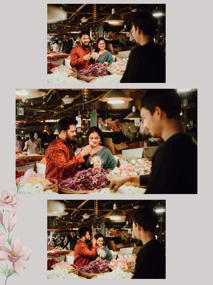 A collage showing the interactions at the flower market. Buying flowers together becomes a beautiful part of the pre-wedding story, captured from different angles.