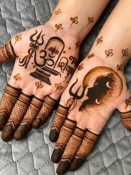 A powerful design for Sawan or Mahashivratri, dedicated to Lord Shiva. One hand features a Shivling with 'Om' and a trishul, while the other shows a silhouette of Mahadev against the moon.