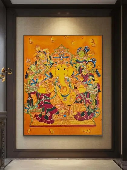 A vibrant, hand-painted Ganesha in the traditional Kerala mural style, created to bring warmth and blessings to a foyer. This large canvas painting is filled with intricate details and rich colors, making it a powerful centerpiece.
