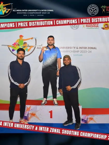 The winners of the 25 Mtr Rapid Fire Pistol event at the All India Inter University Championship, with our shooter Anish taking the gold.