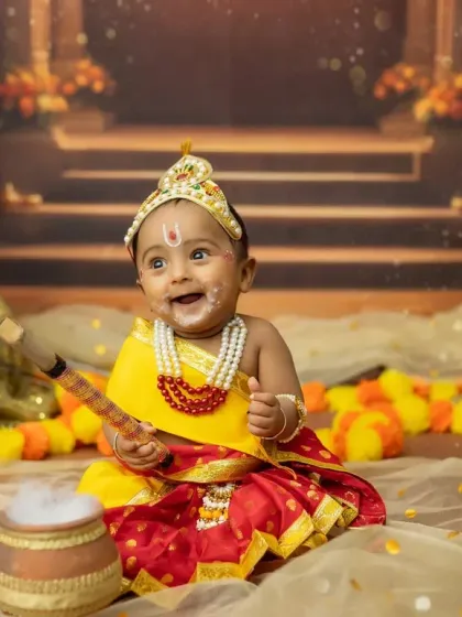 Such a joyful expression from this little Krishna, caught mid-laugh during his fun Janmashtami photoshoot.
