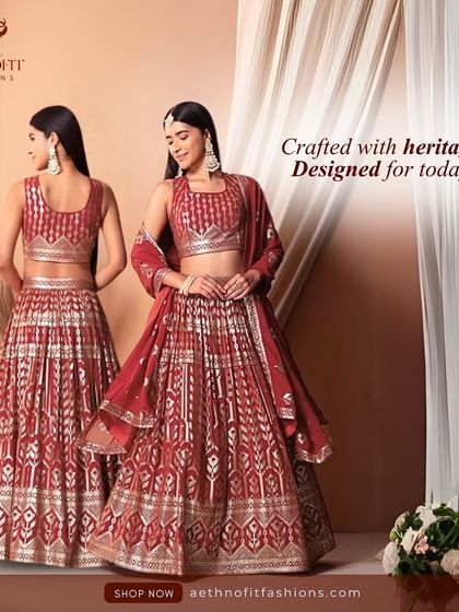 Crafted with heritage, designed for today. This maroon georgette lehenga features beautiful thread and sequin work, giving it a rich, royal feel for any wedding event.