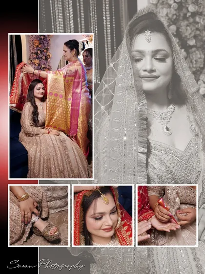 A collage of getting-ready moments and rituals from an engagement ceremony, presented in a classic album style.
