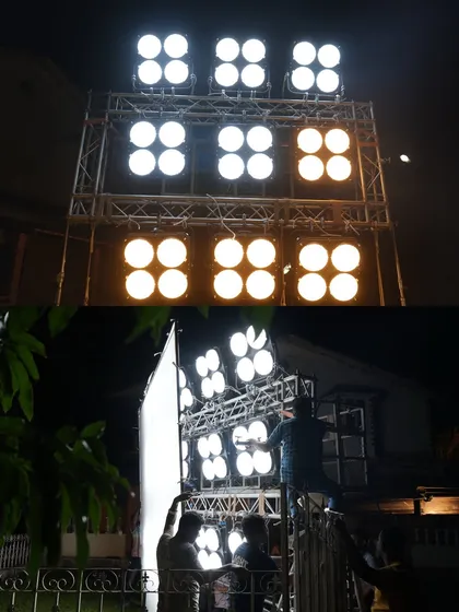 A powerful rig of Filmgear Mega 1200C fixtures. This setup is capable of producing intense, directional light for large outdoor or night scenes.