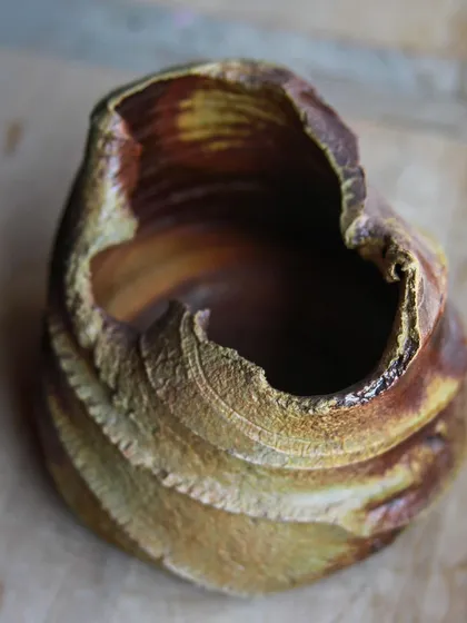 A different perspective on the wood-fired piece, showcasing its organic form and the rich, varied tones created by the kiln's atmosphere. It feels ancient and modern at the same time.
