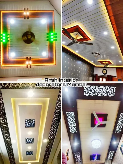 A collage of my PVC ceiling light designs. These examples show how I can integrate fans, jali panels, and colorful lights into modern PVC structures.
