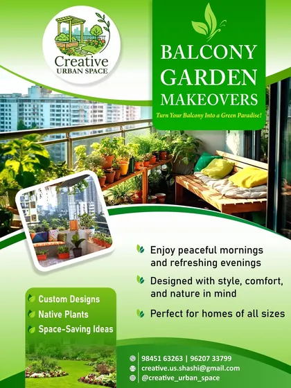 This flyer details my balcony garden makeover service. I create custom designs using native plants and space-saving ideas, perfect for enjoying peaceful mornings and refreshing evenings in homes of all sizes.