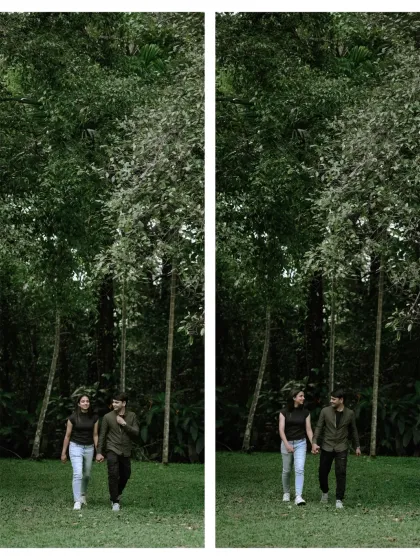 A diptych of the couple walking hand-in-hand through a grove of tall trees, a beautiful and natural pre-wedding shot.